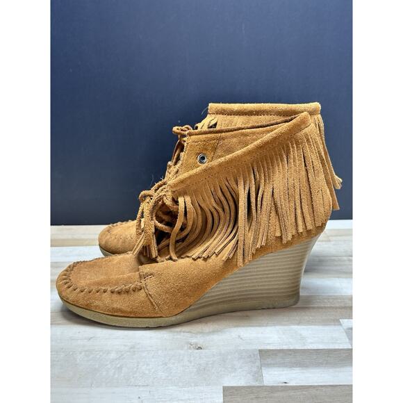 Minnetonka Fringe Wedge Boots 7.5 Tan Suede Boho Festival Retro Western Y2K - Picture 6 of 11